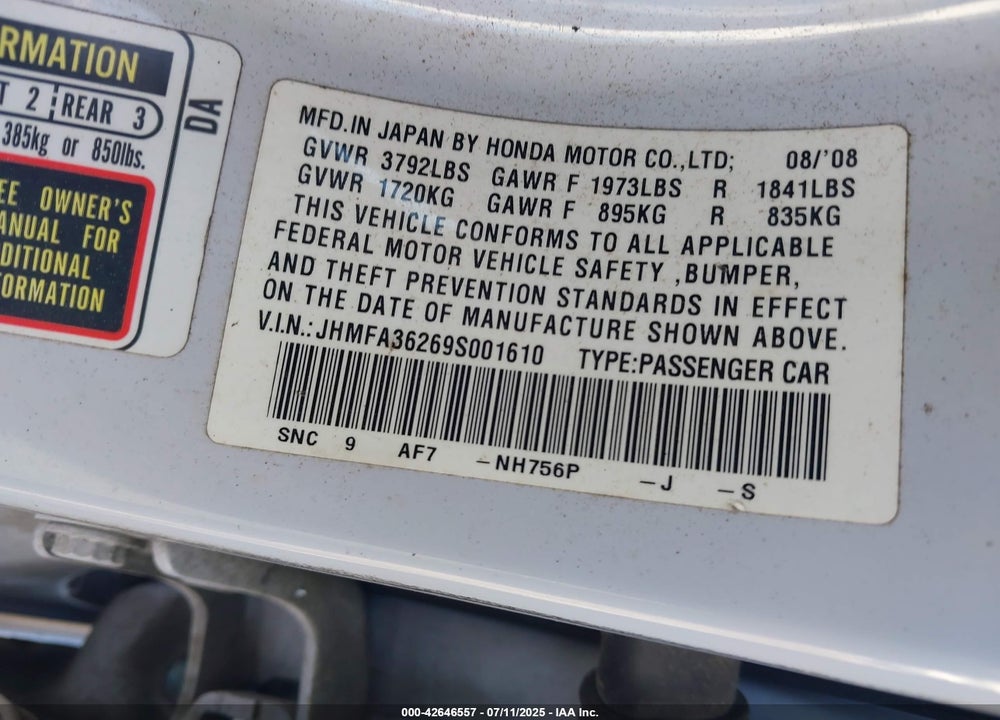 2009 HONDA CIVIC HYBRID VIN: JHMFA36269S001610