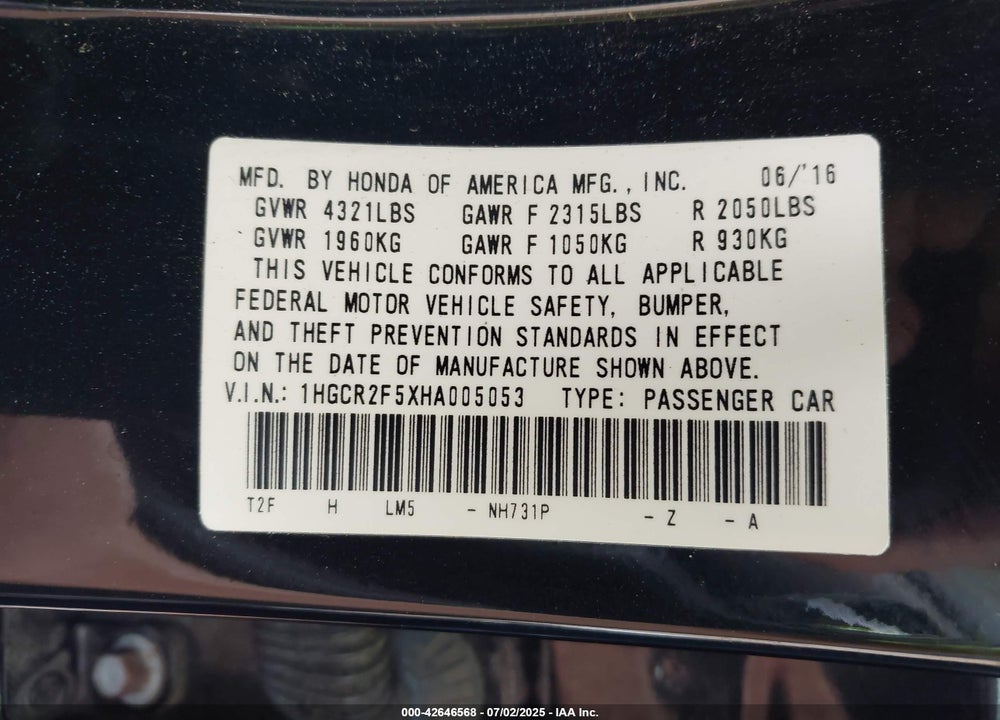 2017 HONDA ACCORD VIN: 1HGCR2F5XHA005053