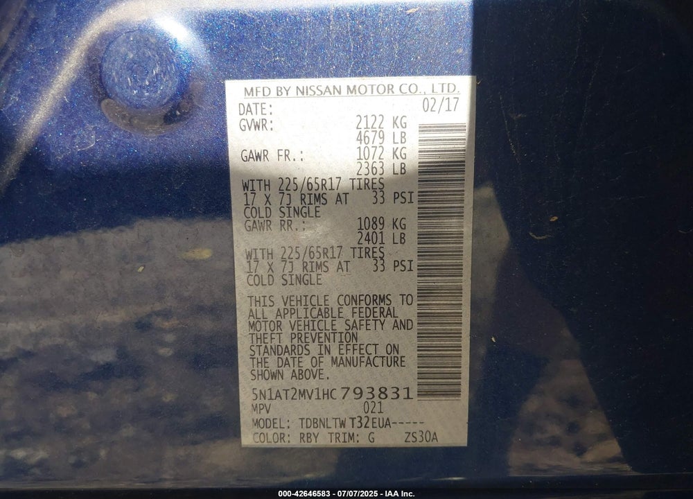2017 NISSAN ROGUE VIN: 5N1AT2MV1HC793831