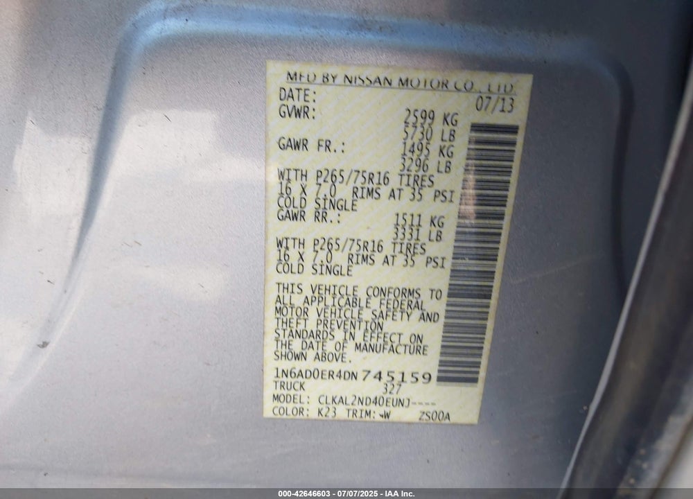 2013 NISSAN FRONTIER VIN: 1N6AD0ER4DN745159