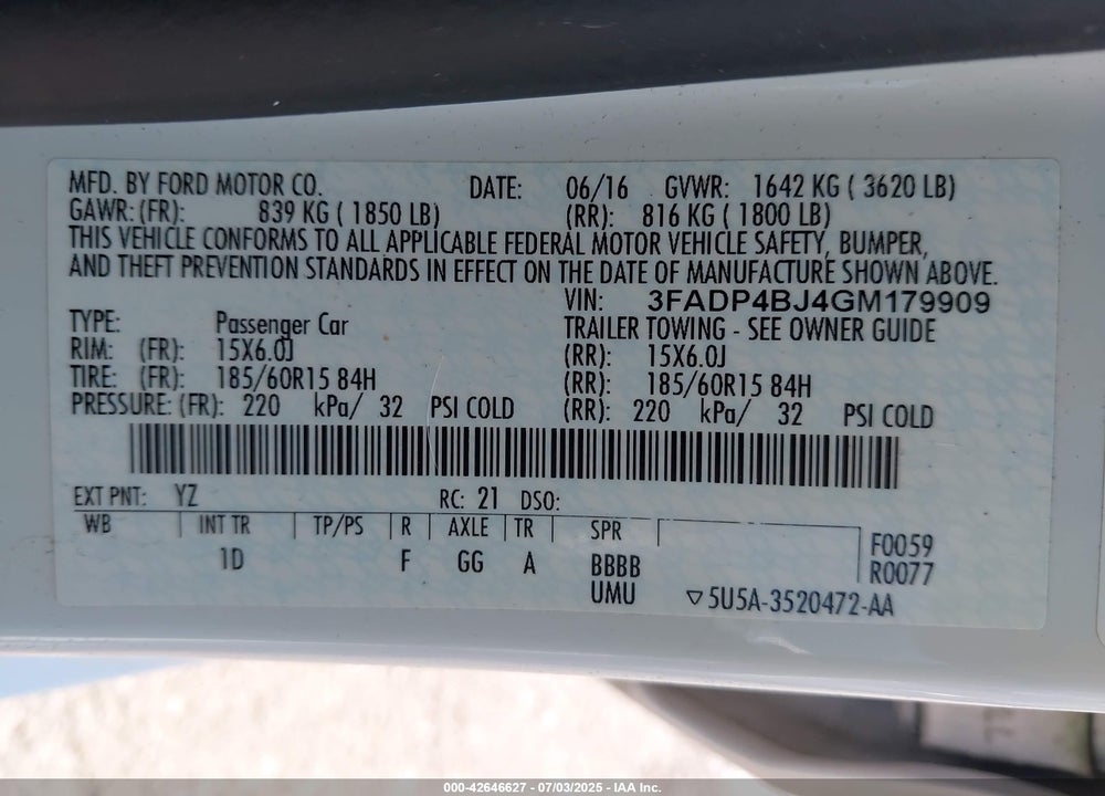 2016 FORD FIESTA SE VIN: 3FADP4BJ4GM179909