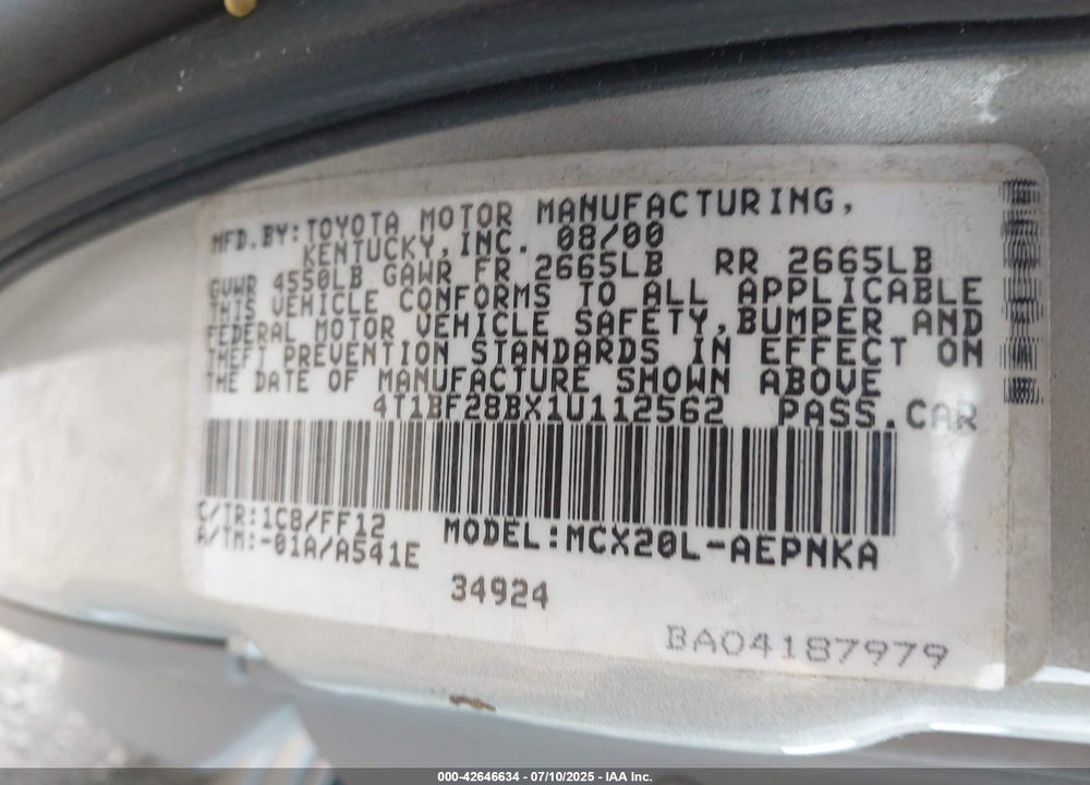 2001 TOYOTA AVALON XL VIN: 4T1BF28BX1U112562