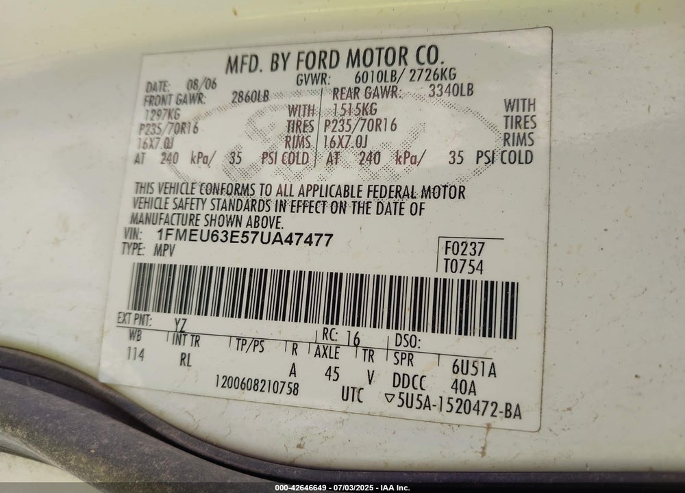 2007 FORD EXPLORER XLT VIN: 1FMEU63E57UA47477