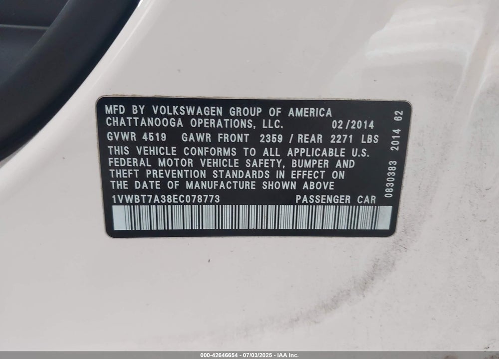2014 VOLKSWAGEN PASSAT VIN: 1VWBT7A38EC078773