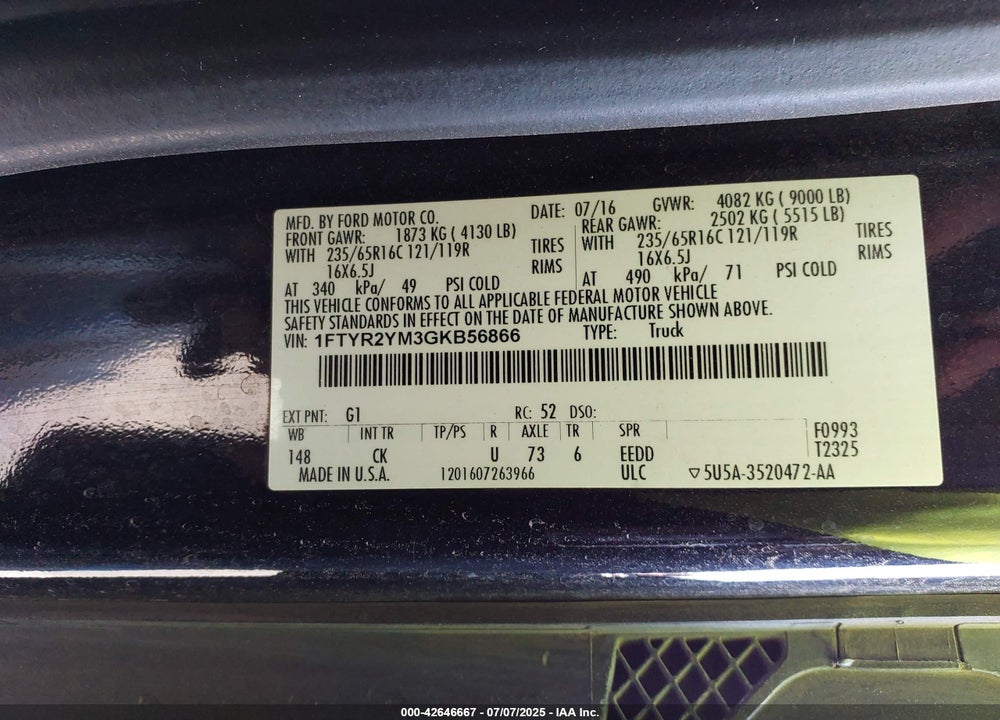 2016 FORD TRANSIT VIN: 1FTYR2YM3GKB56866