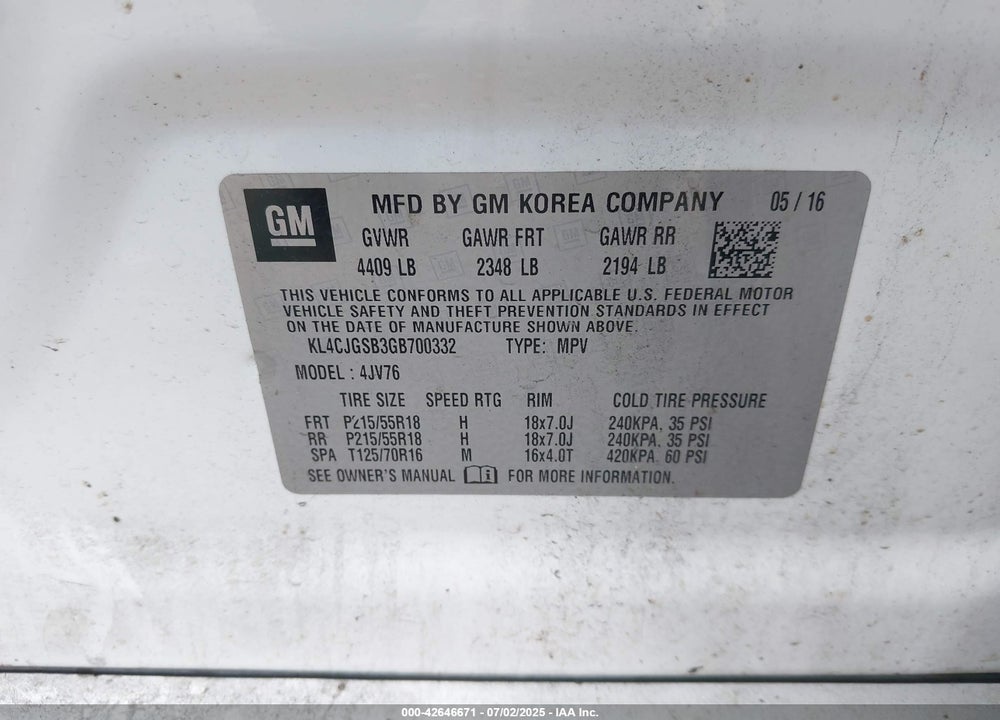 2016 BUICK ENCORE VIN: KL4CJGSB3GB700332