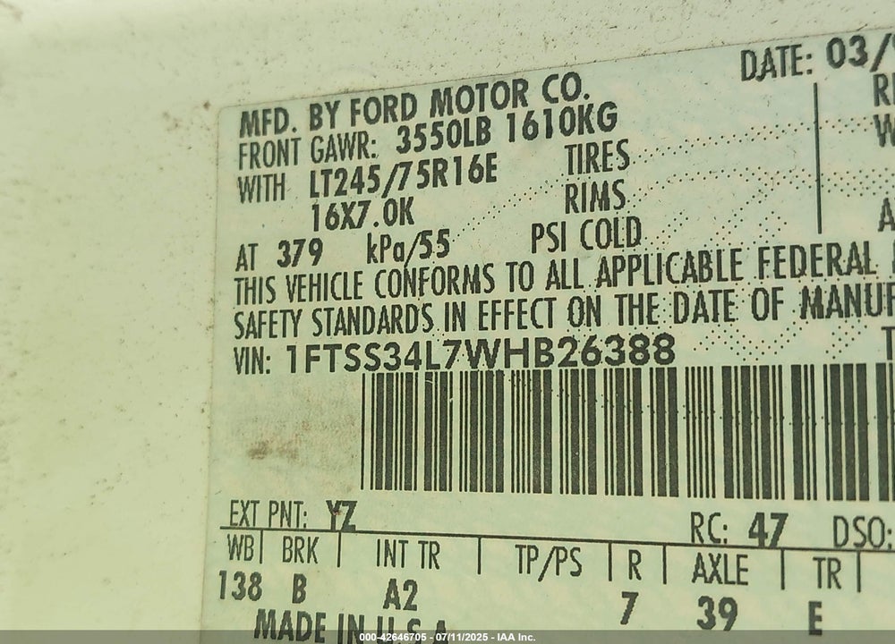 1998 FORD E-350 COMMERCIAL/RECREATIONAL VIN: 1FTSS34L7WHB26388