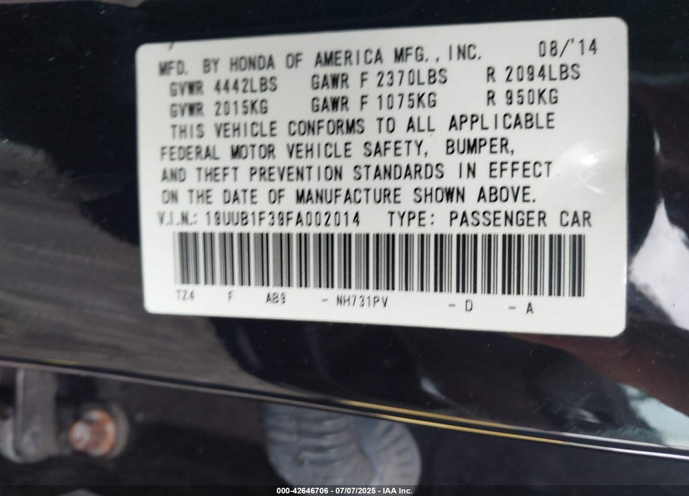 2015 ACURA TLX VIN: 19UUB1F39FA002014