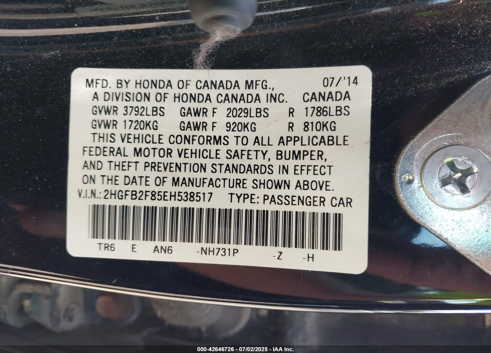 2014 HONDA CIVIC VIN: 2HGFB2F85EH538517