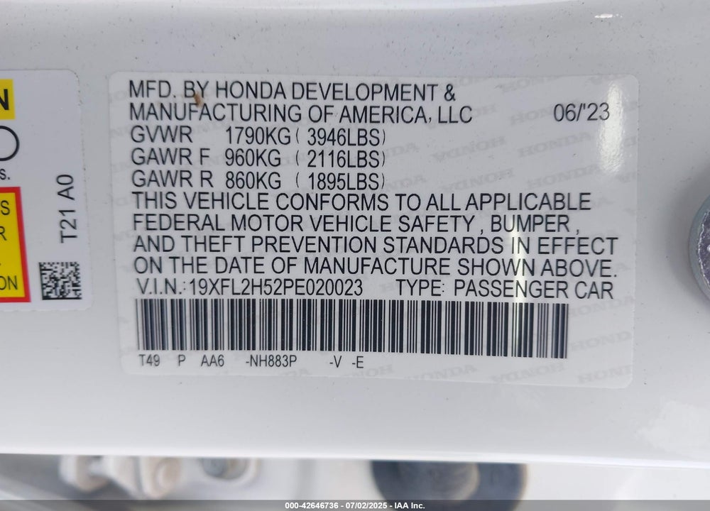 2023 HONDA CIVIC VIN: 19XFL2H52PE020023