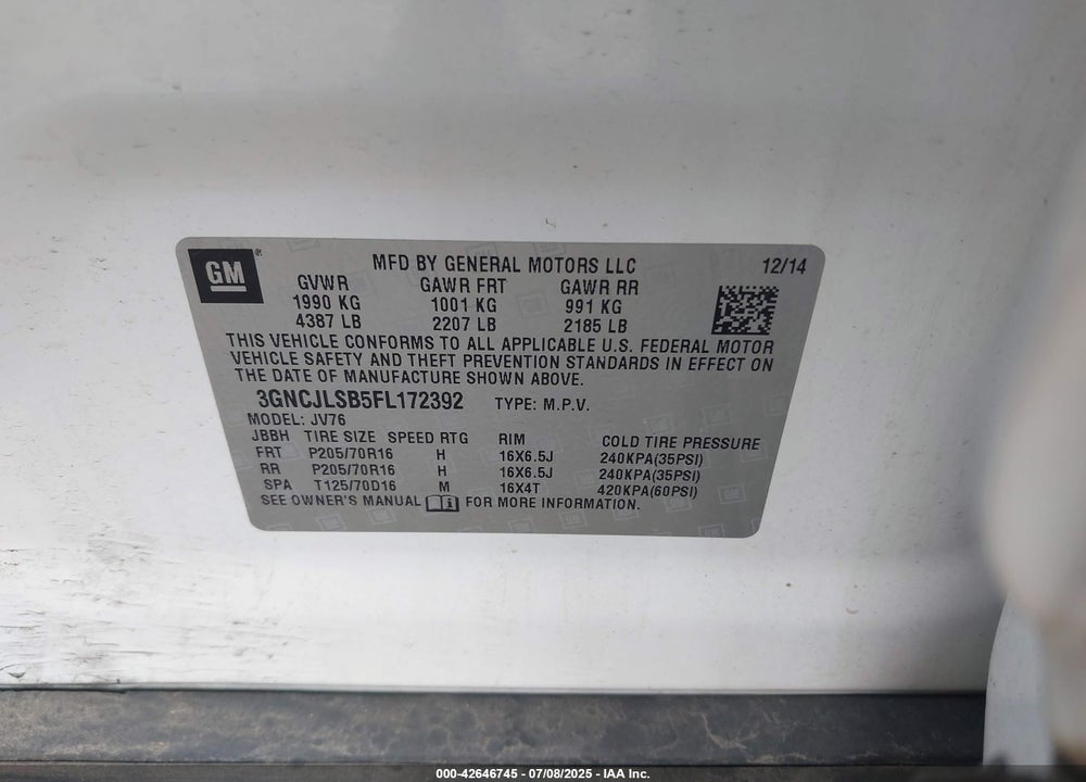 2015 CHEVROLET TRAX VIN: 3GNCJLSB5FL172392