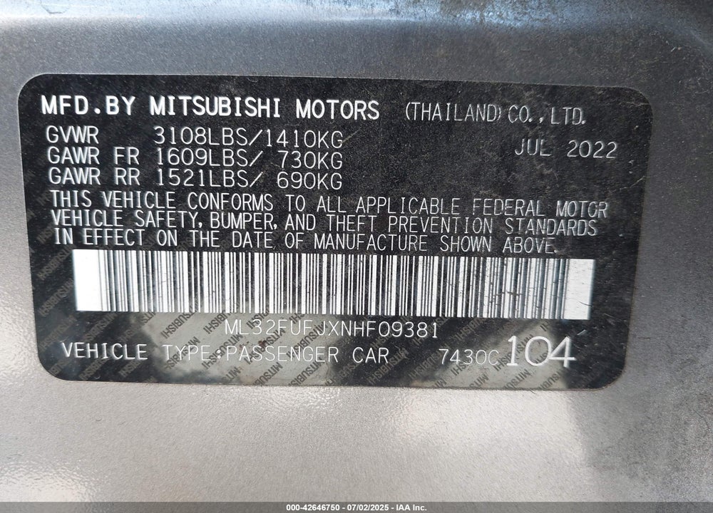 2022 MITSUBISHI MIRAGE G4 VIN: ML32FUFJXNHF09381