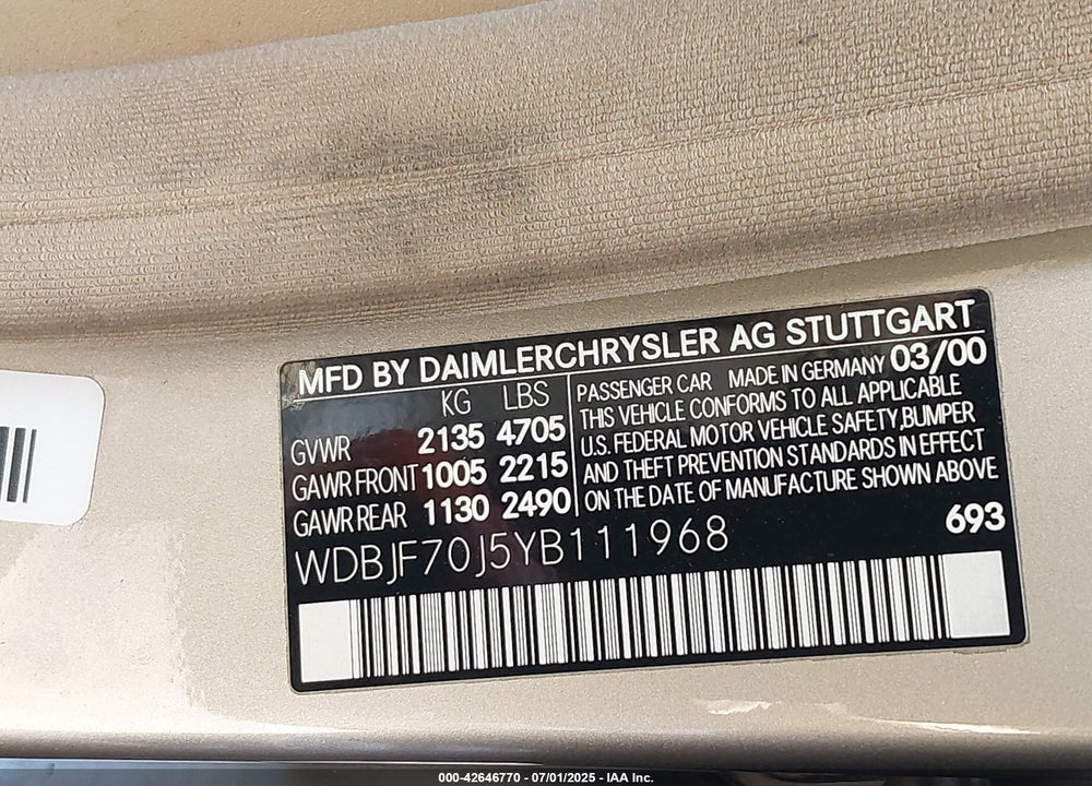 2000 MERCEDES-BENZ E 430 VIN: WDBJF70J5YB111968