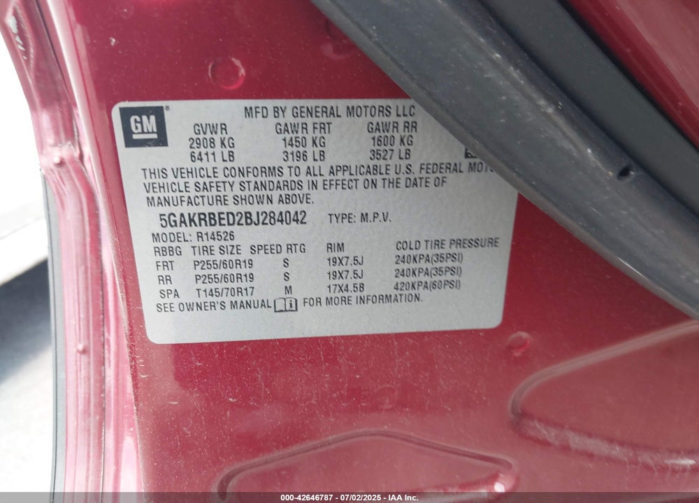 2011 BUICK ENCLAVE VIN: 5GAKRBED2BJ284042