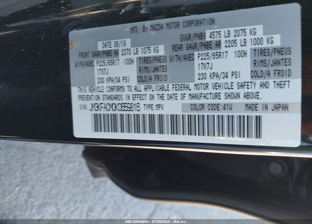 2019 MAZDA CX-5 VIN: JM3KFACM0K0659816