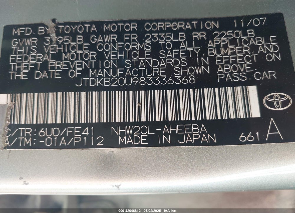 2008 TOYOTA PRIUS VIN: JTDKB20U983336368