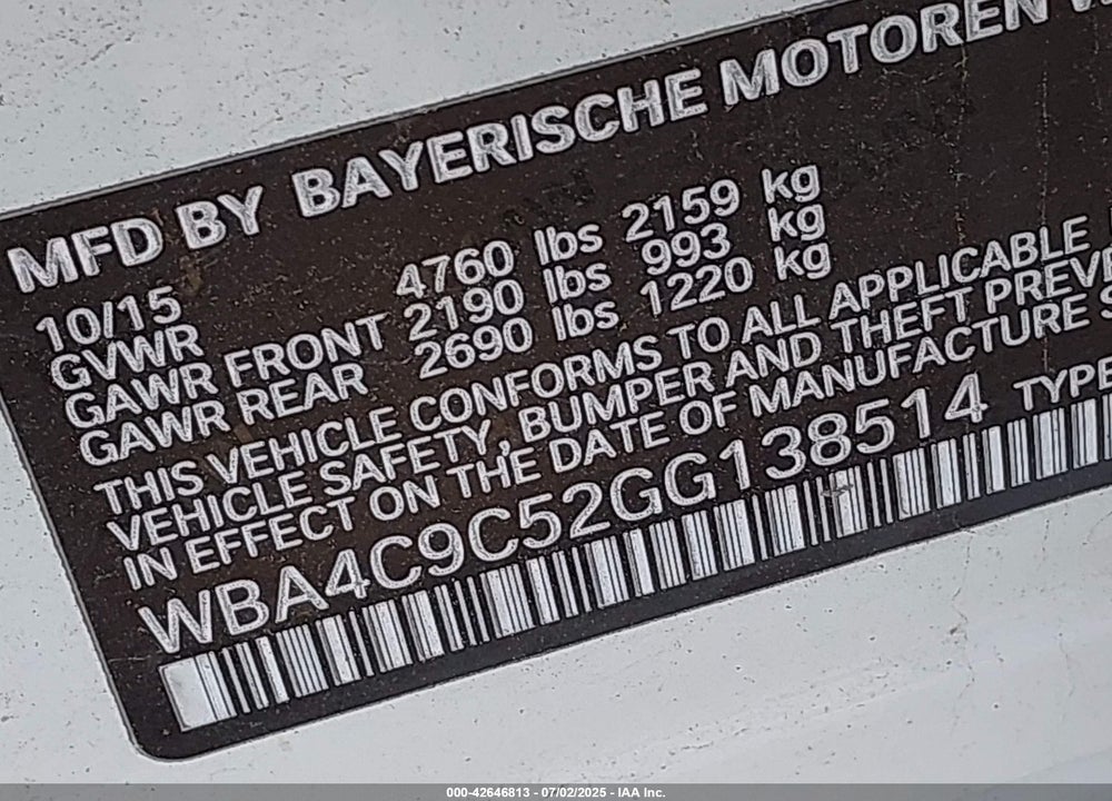 2016 BMW 4 SERIES VIN: WBA4C9C52GG138514