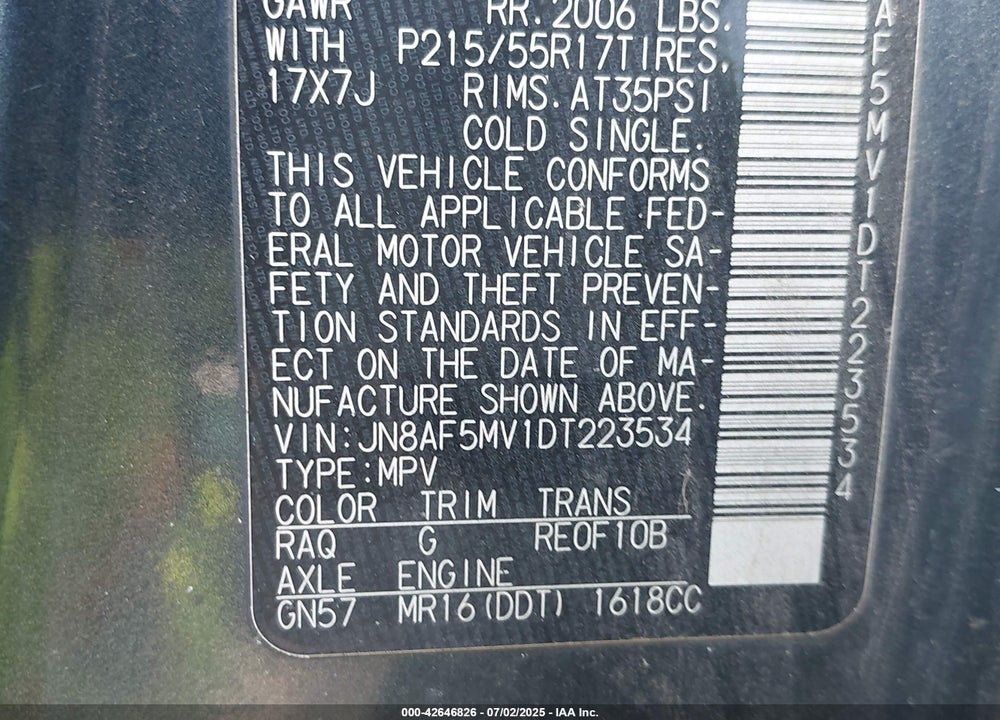 2013 NISSAN JUKE VIN: JN8AF5MV1DT223534
