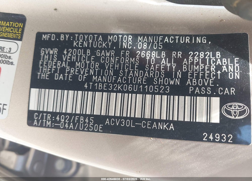 2006 TOYOTA CAMRY LE VIN: 4T1BE32K06U110523