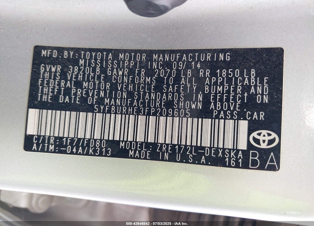 2015 TOYOTA COROLLA VIN: 5YFBURHE3FP209605