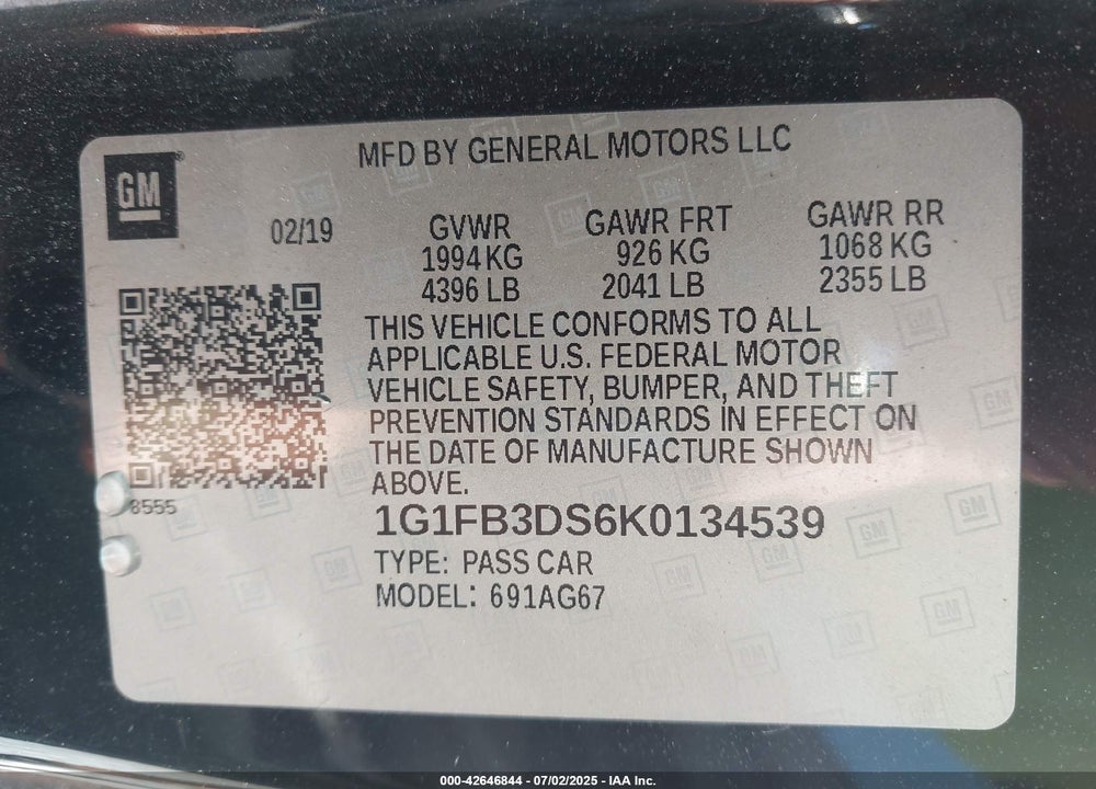 2019 CHEVROLET CAMARO 1LT VIN: 1G1FB3DS6K0134539