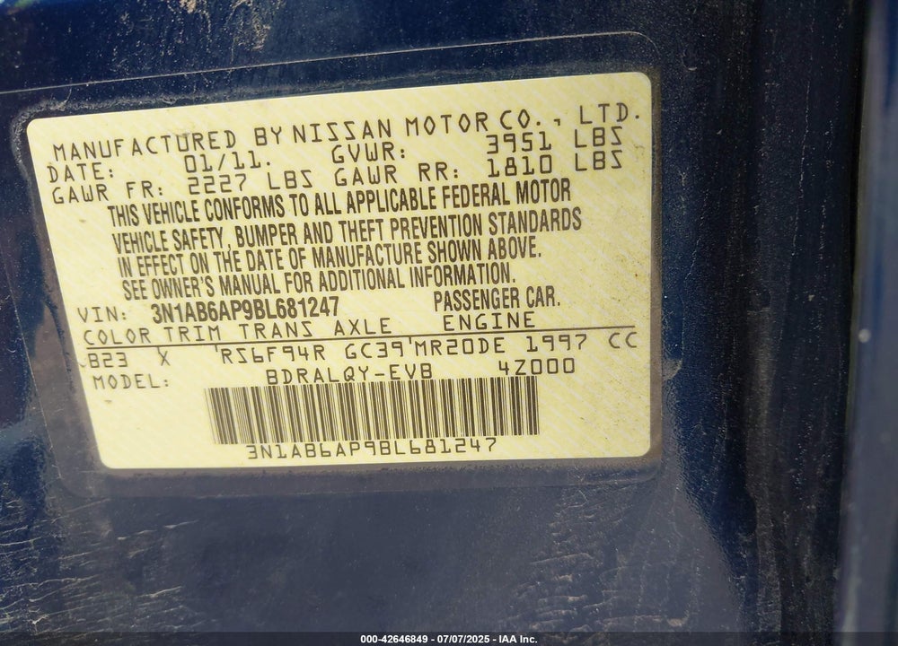 2011 NISSAN SENTRA VIN: 3N1AB6AP9BL681247