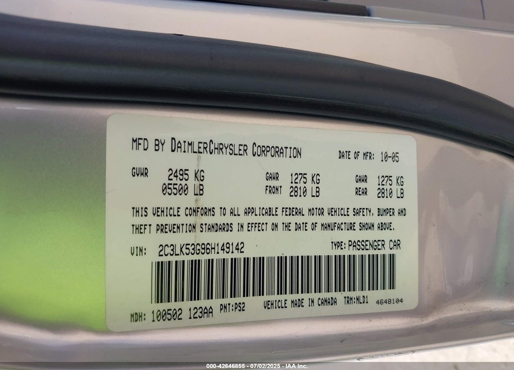 2006 CHRYSLER 300 TOURING VIN: 2C3LK53G96H149142