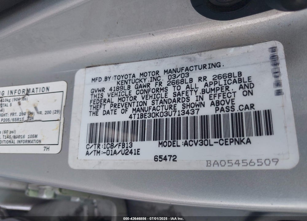 2003 TOYOTA CAMRY LE VIN: 4T1BE30K03U713437