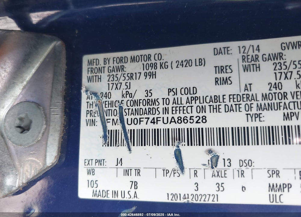 2015 FORD ESCAPE VIN: 1FMCU0F74FUA86528