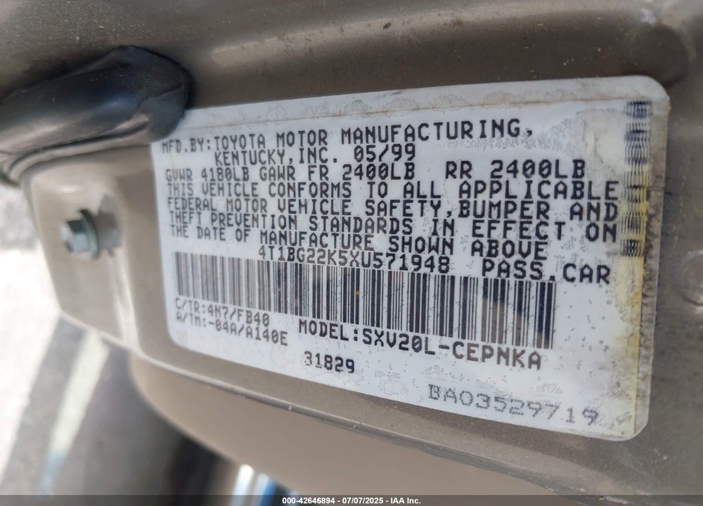 1999 TOYOTA CAMRY LE VIN: 4T1BG22K5XU571948