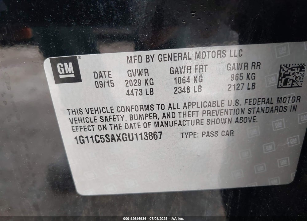 2016 CHEVROLET MALIBU LIMITED VIN: 1G11C5SAXGU113867