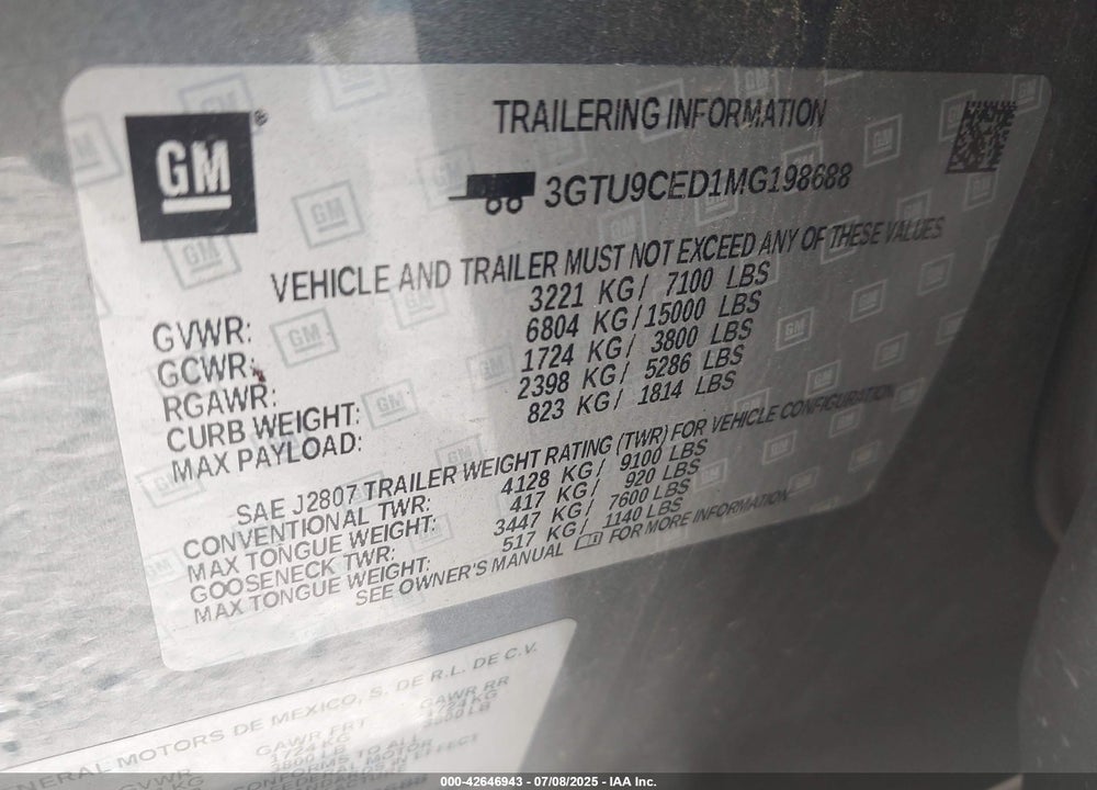 2021 GMC SIERRA 1500 VIN: 3GTU9CED1MG198688