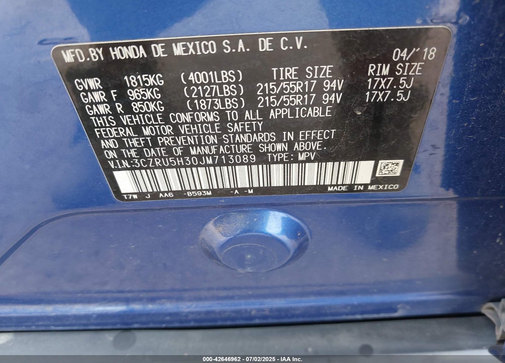 2018 HONDA HR-V LX VIN: 3CZRU5H30JM713089