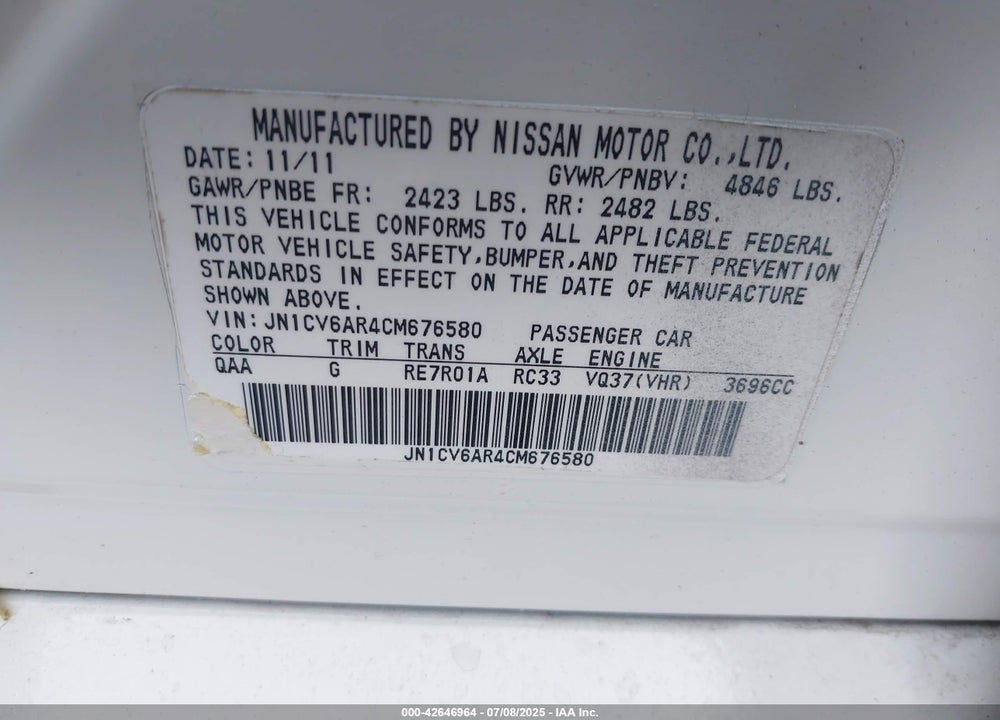 2012 INFINITI G37X VIN: JN1CV6AR4CM676580