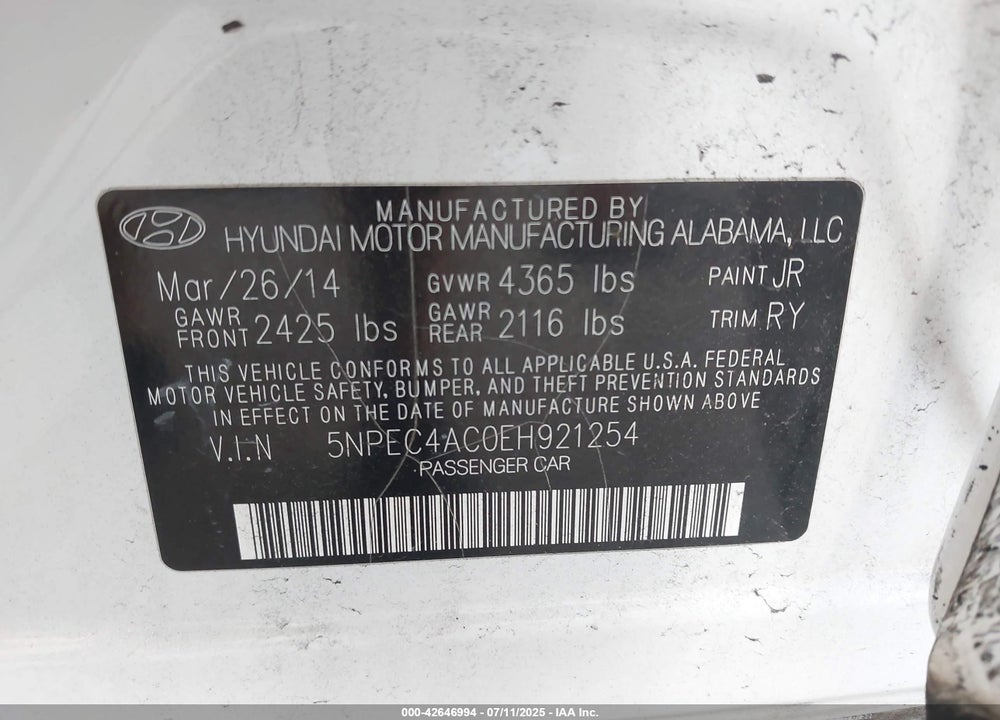 2014 HYUNDAI SONATA VIN: 5NPEC4AC0EH921254
