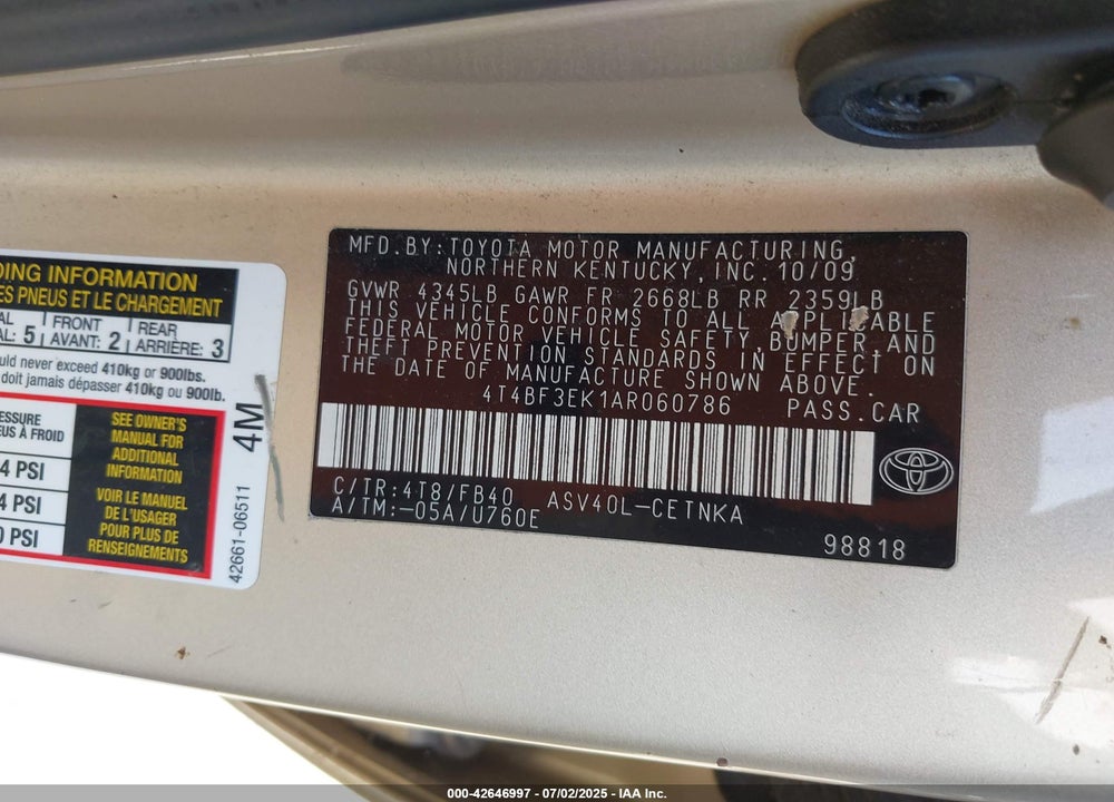 2010 TOYOTA CAMRY LE VIN: 4T4BF3EK1AR060786