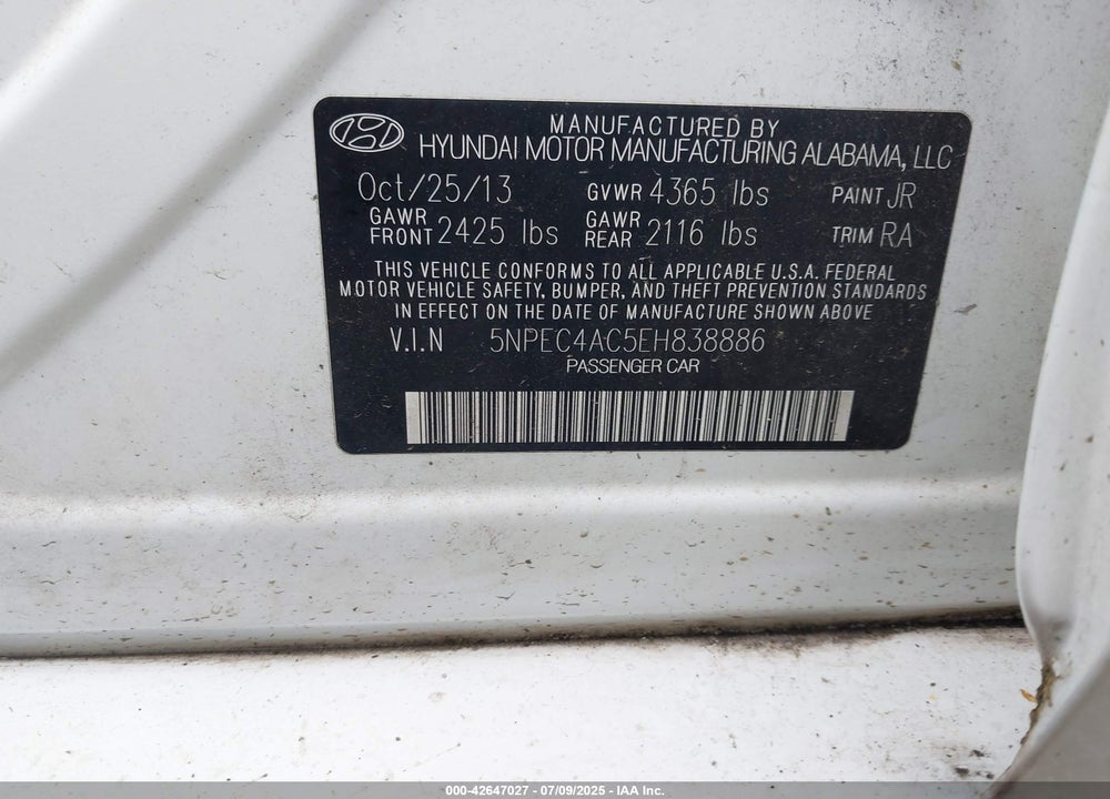 2014 HYUNDAI SONATA LIMITED VIN: 5NPEC4AC5EH838886