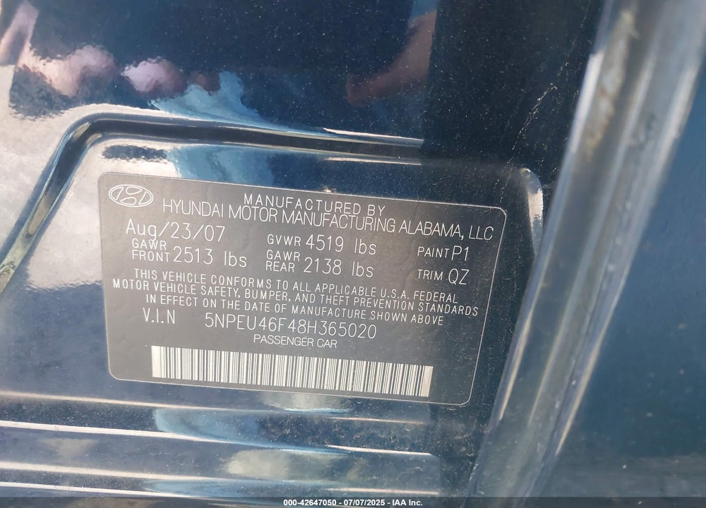 2008 HYUNDAI SONATA LIMITED V6/SE V6 VIN: 5NPEU46F48H365020
