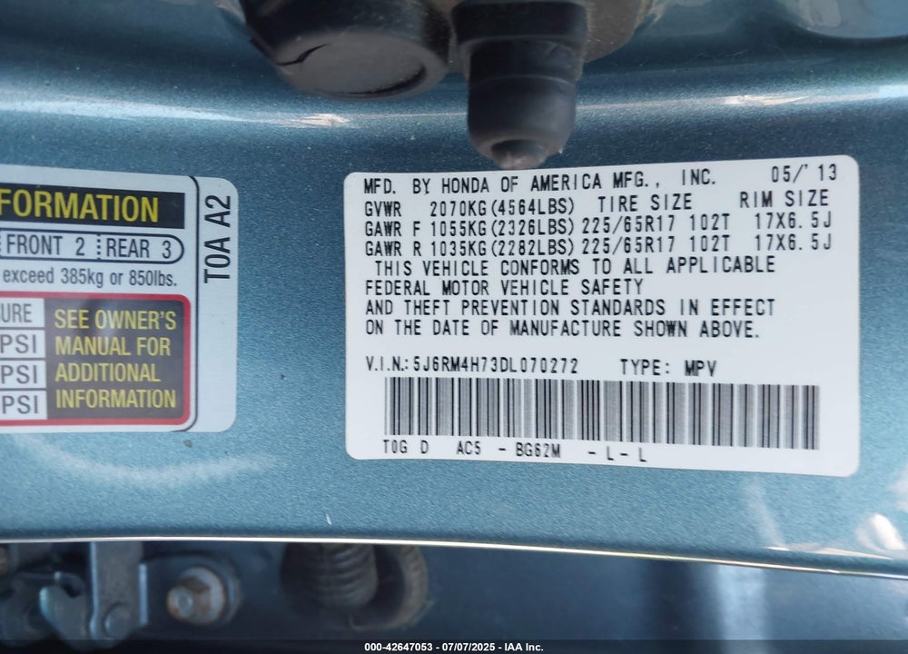 2013 HONDA CR-V VIN: 5J6RM4H73DL070272