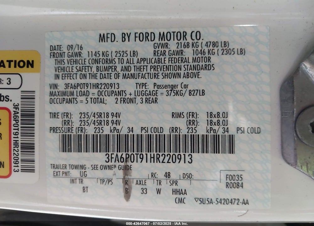 2017 FORD FUSION VIN: 3FA6P0T91HR220913