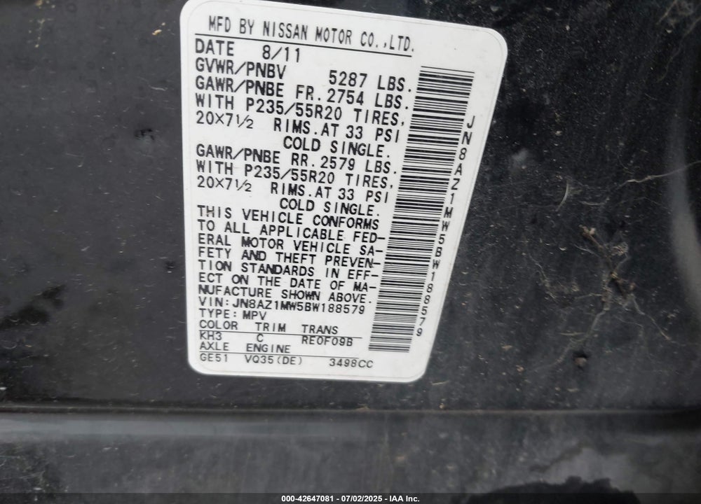 2011 NISSAN MURANO VIN: JN8AZ1MW5BW188579