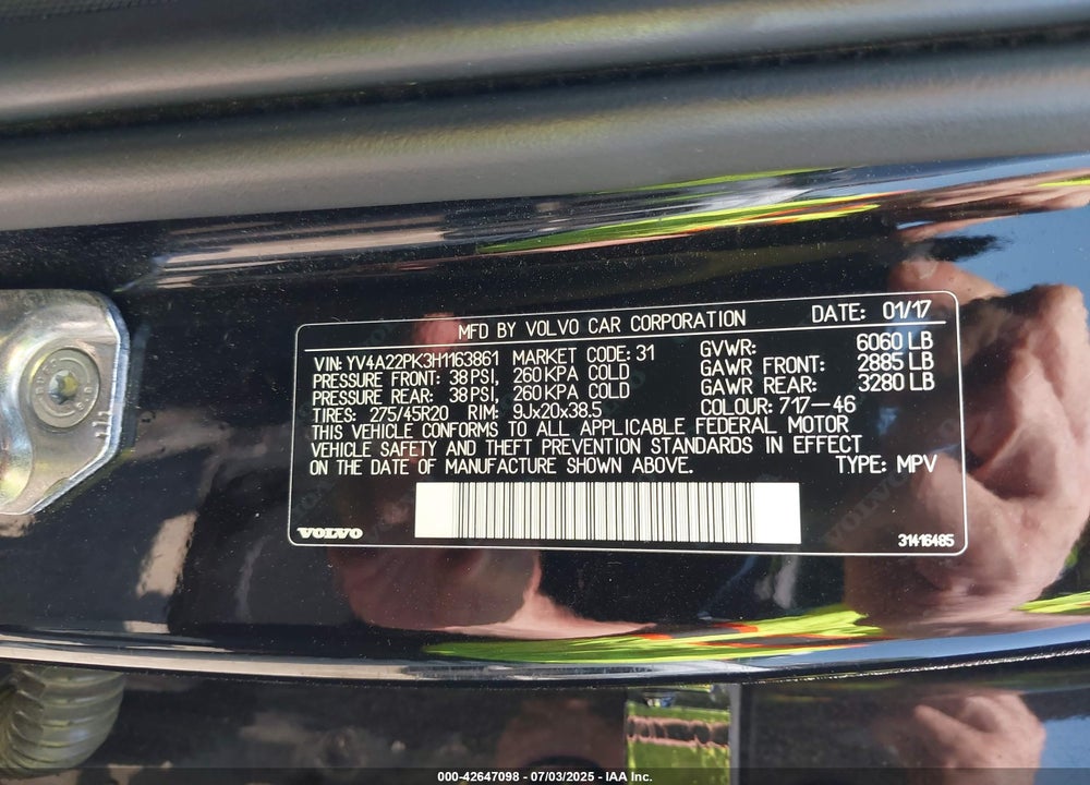 2017 VOLVO XC90 VIN: YV4A22PK3H1163861