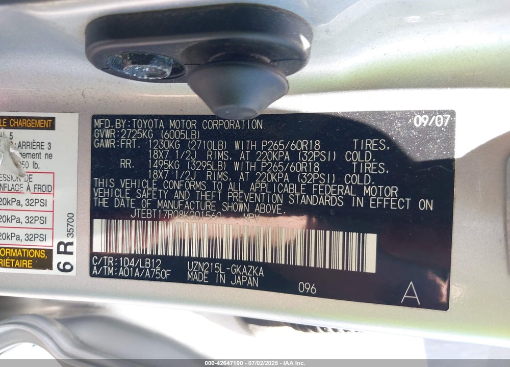 2008 TOYOTA 4RUNNER VIN: JTEBT17R08K001560