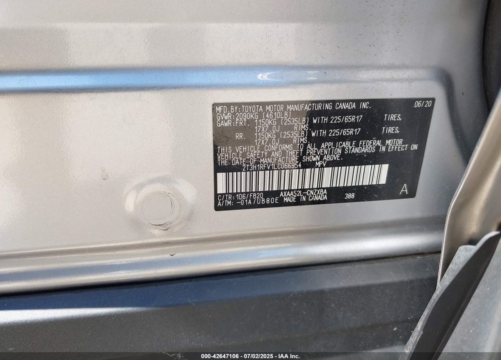 2020 TOYOTA RAV4 VIN: 2T3H1RFV1LC066954