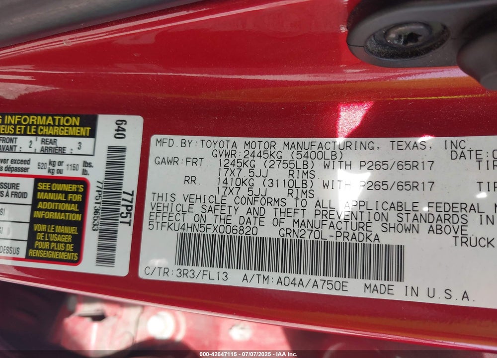 2015 TOYOTA TACOMA VIN: 5TFKU4HN5FX006820