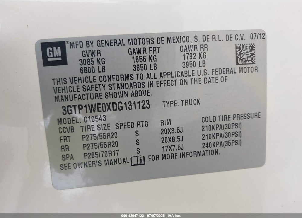 2013 GMC SIERRA 1500 VIN: 3GTP1WE0XDG131123