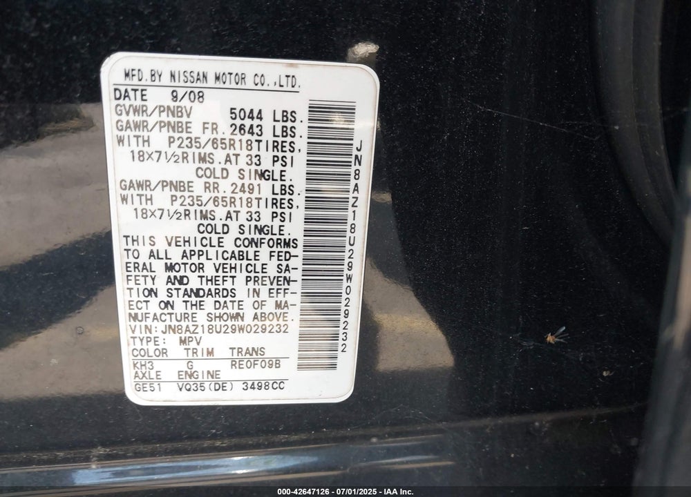 2009 NISSAN MURANO VIN: JN8AZ18U29W029232