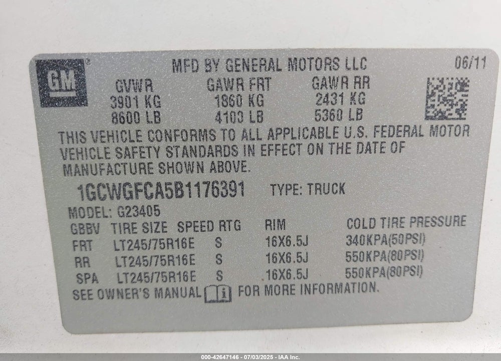 2011 CHEVROLET EXPRESS 2500 WORK VAN VIN: 1GCWGFCA5B1176391