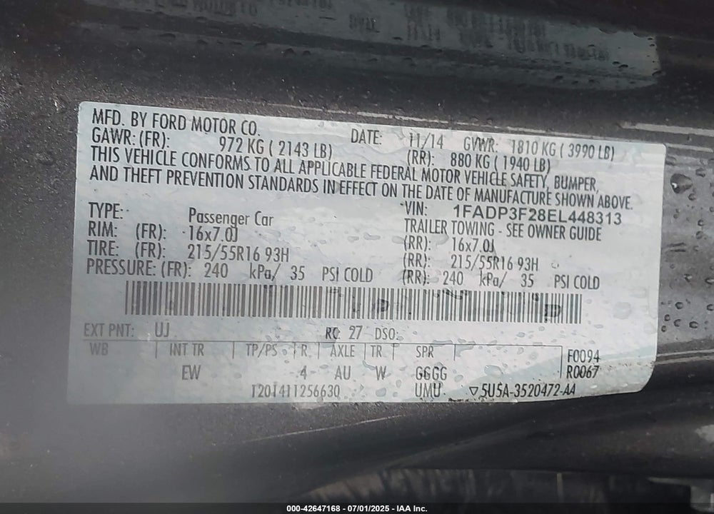 2014 FORD FOCUS SE VIN: 1FADP3F28EL448313