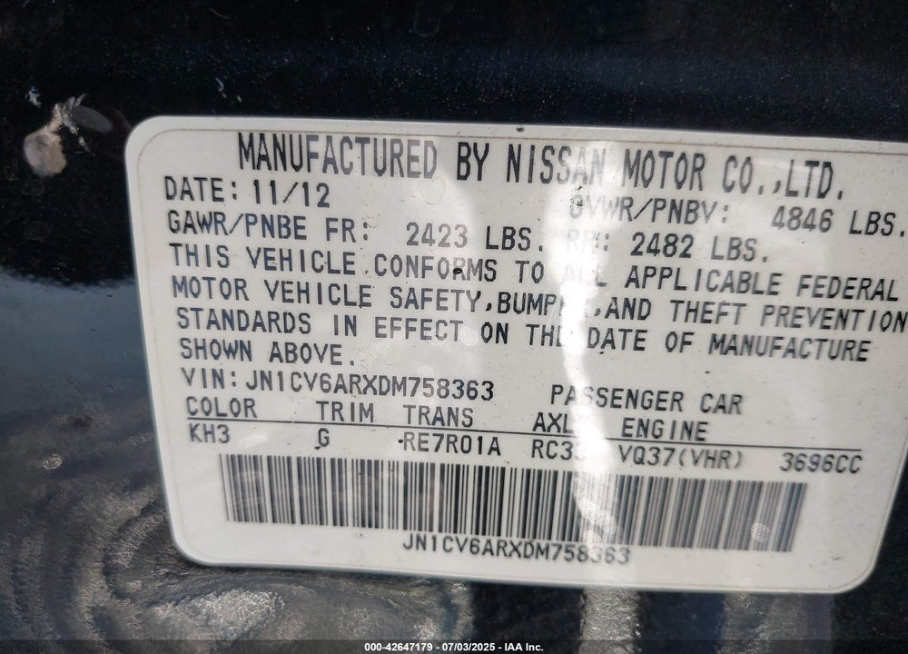 2013 INFINITI G37 VIN: JN1CV6ARXDM758363
